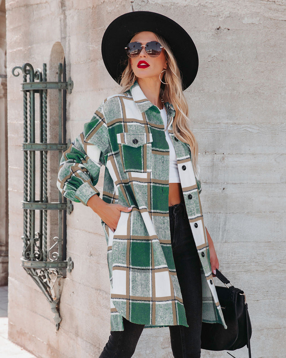 Winter Women Collared Long Plaid Top Office Loose Woolen