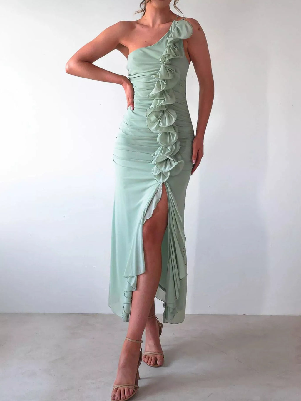 One-Shoulder Ruffle Slit Dress