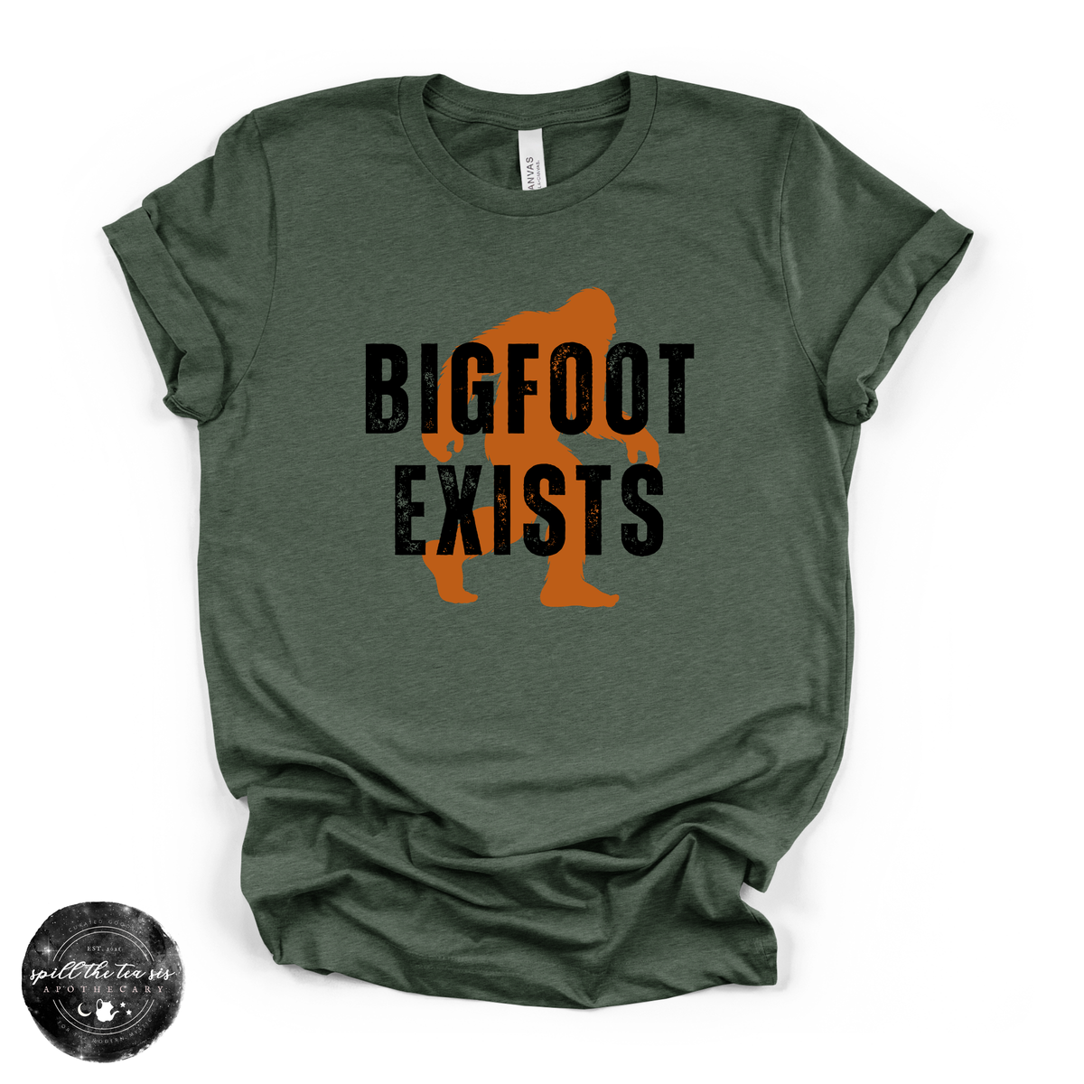 Bigfoot Exists Tee | Funny Cryptid Graphic T-Shirt (BLACK DESIGN)