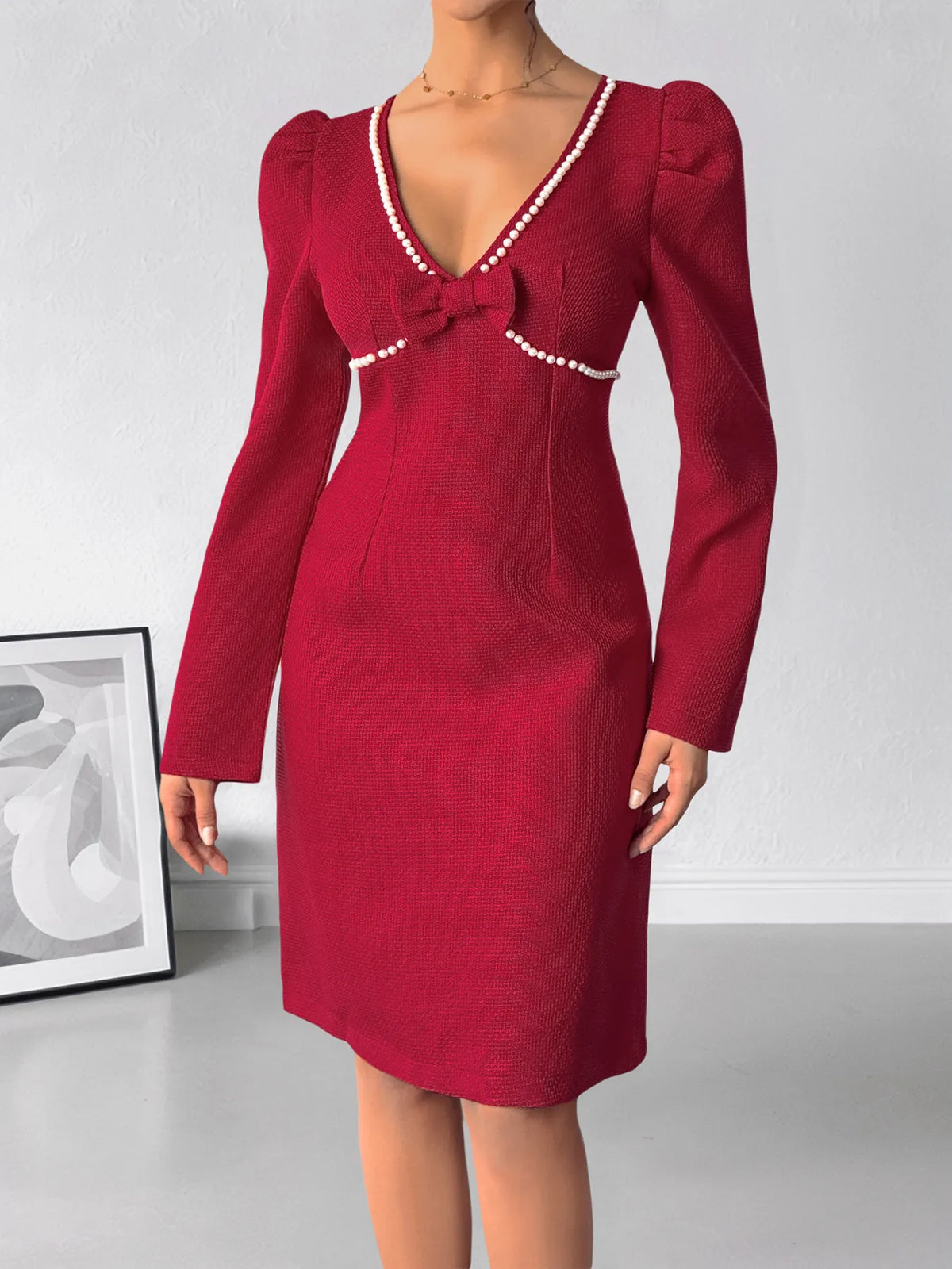 Pearl Trim V-Neck Long Sleeve Bodycon Dress