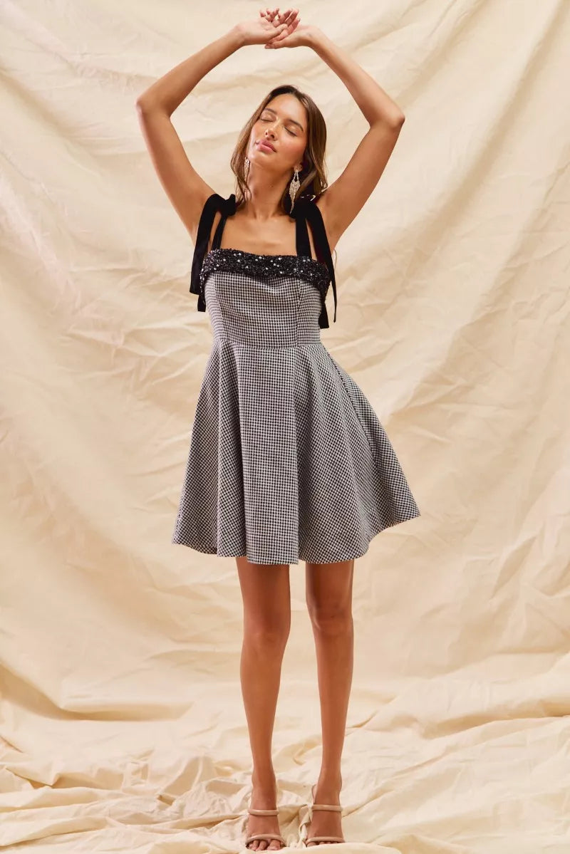 SO ME Houndstooth Fit Flare Mini Dress with Shoulder Tie