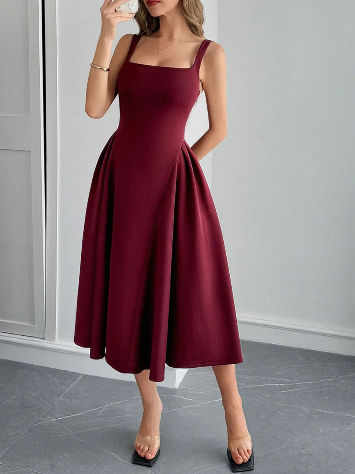 Square Neck Wide Strap Midi Dress