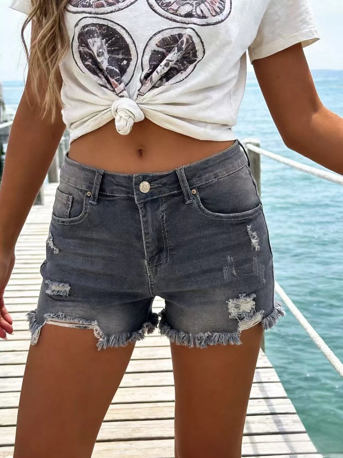 Distressed Frayed Hem Denim Shorts – Dark Blue / Sky Blue