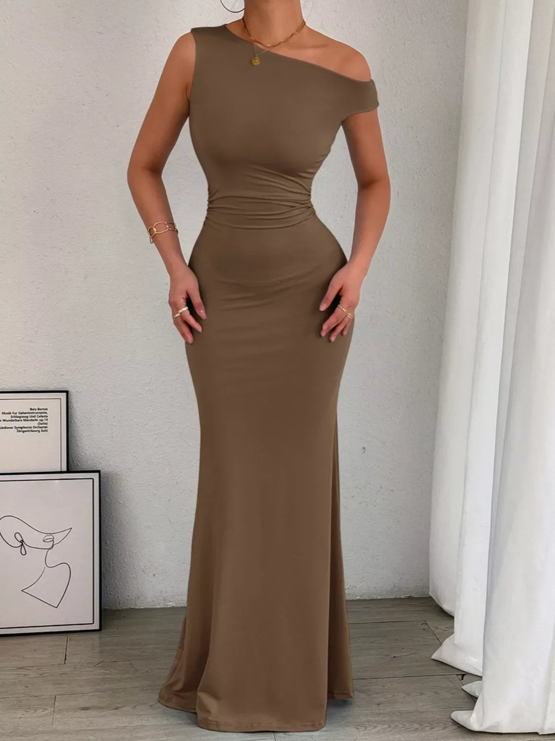One-Shoulder Ruched Bodycon Maxi Dress