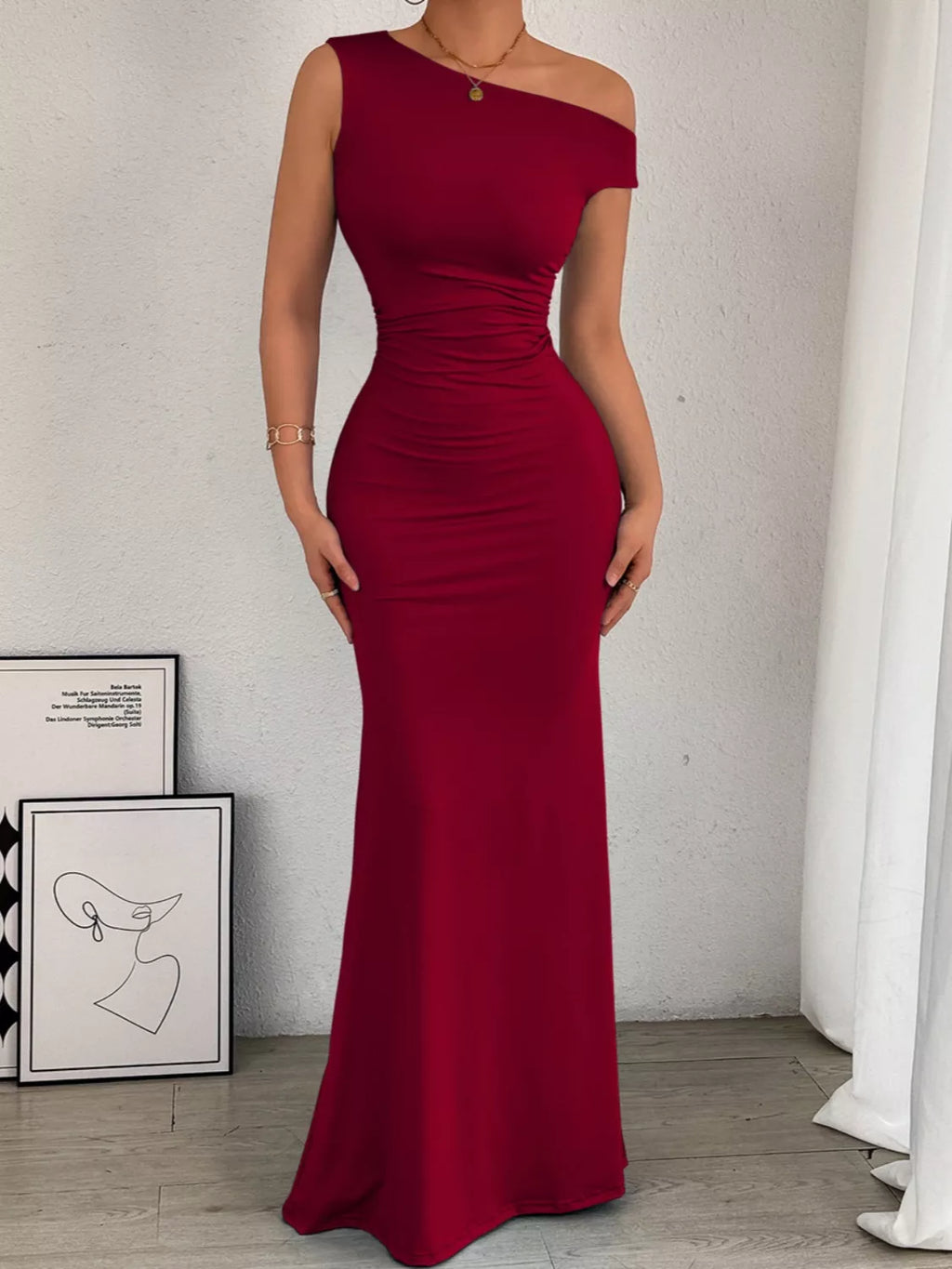 One-Shoulder Ruched Bodycon Maxi Dress