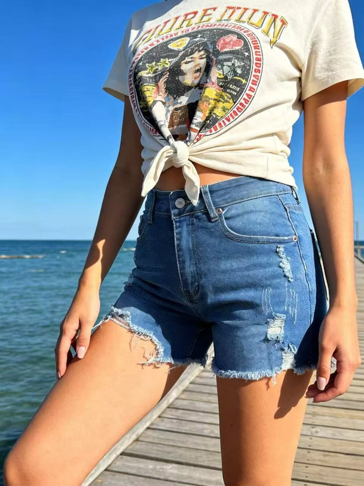 Distressed Frayed Hem Denim Shorts – Dark Blue / Sky Blue