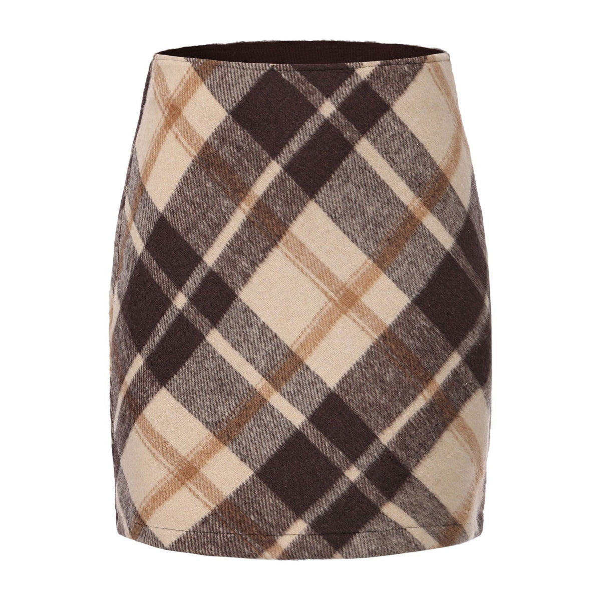 Women Woolen Plaid Elastic Skirt