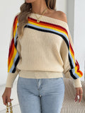 Women Clothing Real Shot Autumn Winter Rainbow Striped off Neck off the Shoulder Lantern Sleeve Sweater