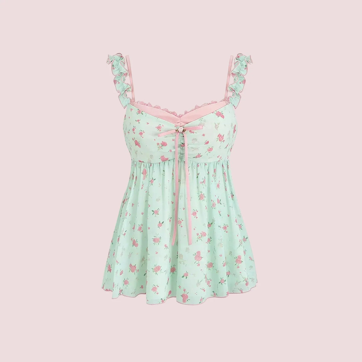 Pure Desire Sweet Floral Camisole Top Women's Mint Green Ruffle Loose Casual