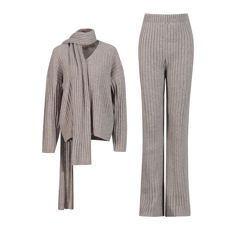 Women Autumn Winter High Grade Elegant Knitted Two Piece Scarf Design Loose Wide Leg Pants Set
