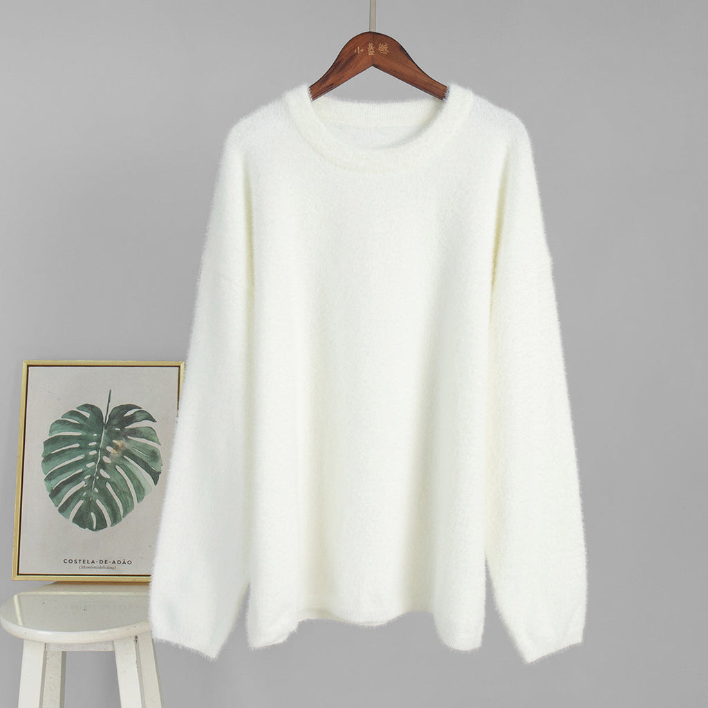 Crew Neck Pullover Sweater Autumn Winter Simple Solid Color Sweater Loose Casual Sweater