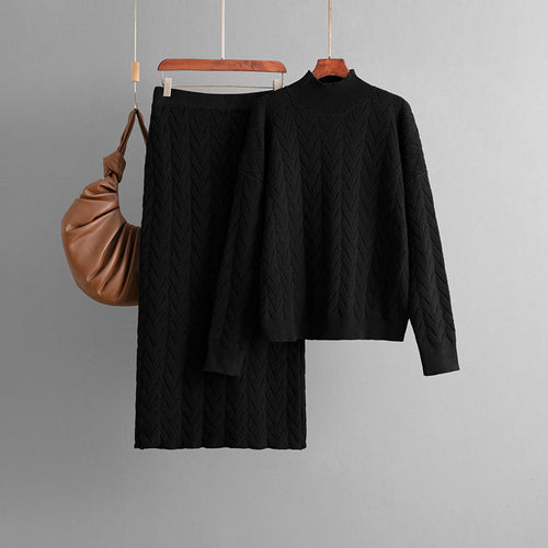 Autumn Winter Jacquard Half High Collar Long Sleeves Knitwear Pullover Top Skirt Two Piece Set