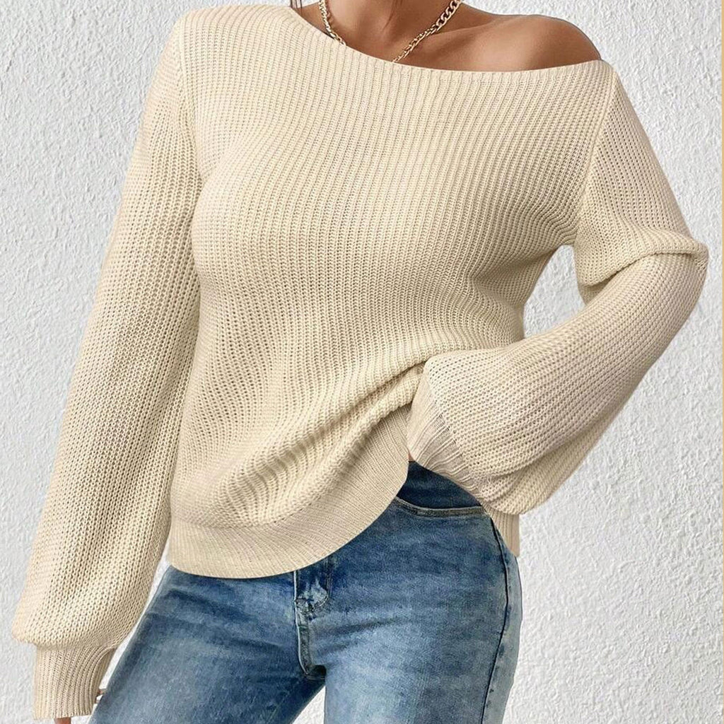 off Shoulder Shoulder Baring Knitwear Women Loose Solid Color Sweater Autumn Winter Lazy Wind Long Sleeve Top