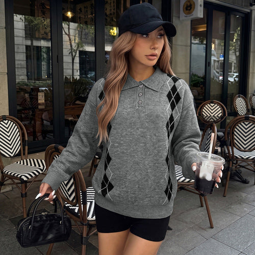 Autumn Winter Inner Wear Diamond Plaid Long Sleeve Knitted Pullover Sweater Women Clothing