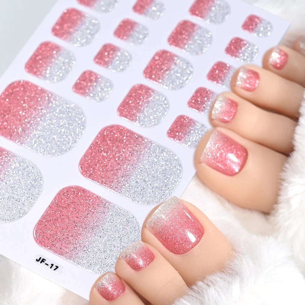 1pcs 22tips Gradient Glitter Full Toe Nail Wraps 3D Shiny Omber Pink/Purple/blue Toe Nail Polish Stickers Baking Free Toe Strips