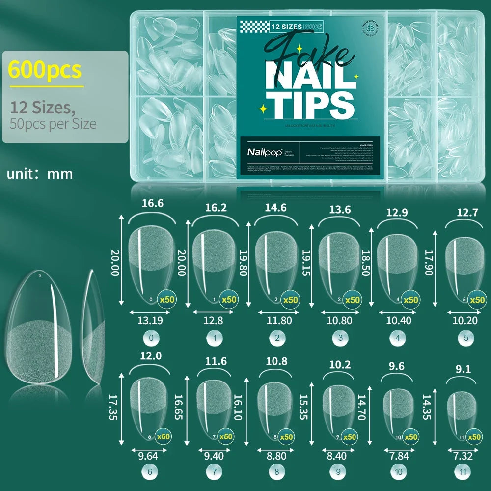 Nailpop False Nails 10/12 Sizes Full Cover Tips Clear Color Durable Lightweight Natural Look Manicure  Salon Quality DIY 600pcs