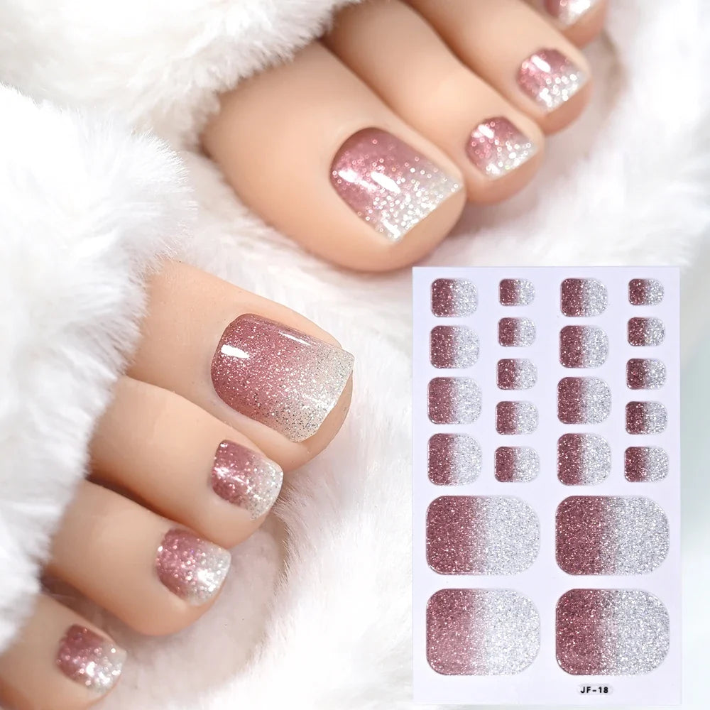 1pcs 22tips Gradient Glitter Full Toe Nail Wraps 3D Shiny Omber Pink/Purple/blue Toe Nail Polish Stickers Baking Free Toe Strips