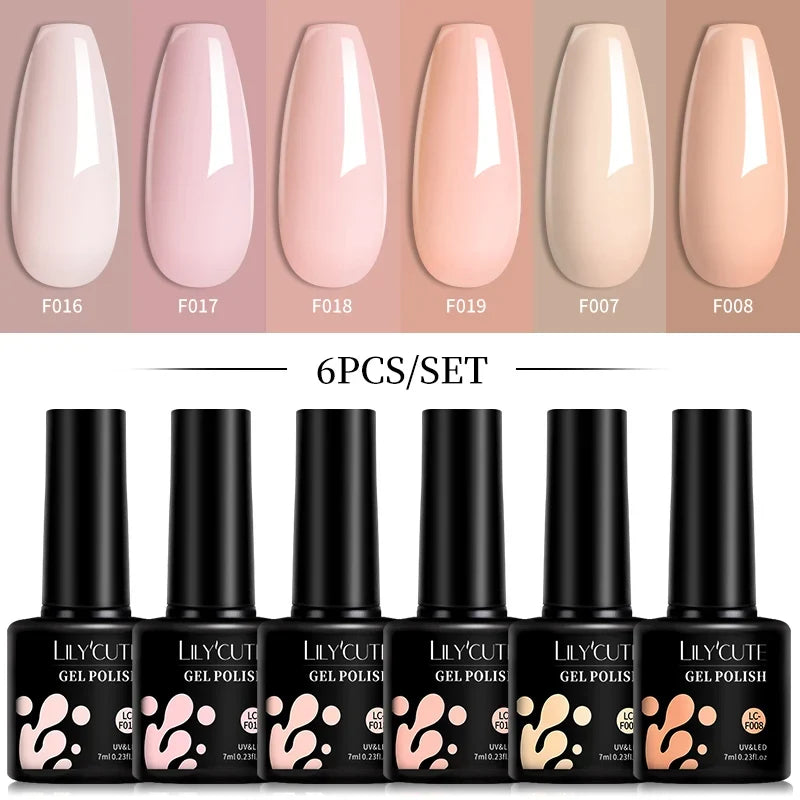 LILYCUTE 6Pcs/Set 7ML Gel DIY Nail Polish Bright Pink Semi Permanent Soak Off UV LED Gel Varnish Nail Art Design Manicure Kit