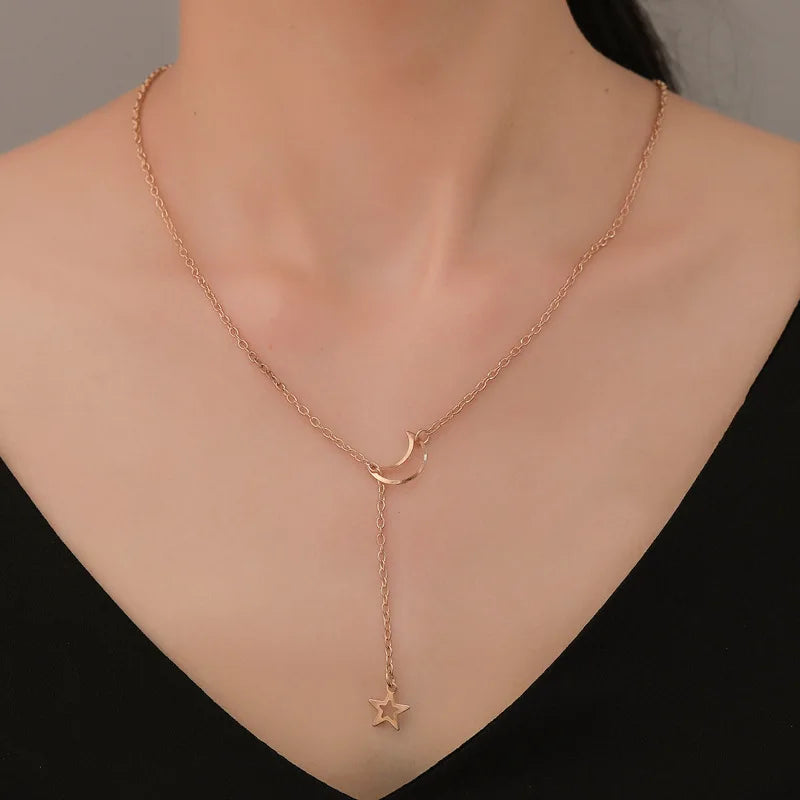 Moon Star Pendant Choker Necklace Simple Gold Color Alloy Charm Chain Collares Necklace
