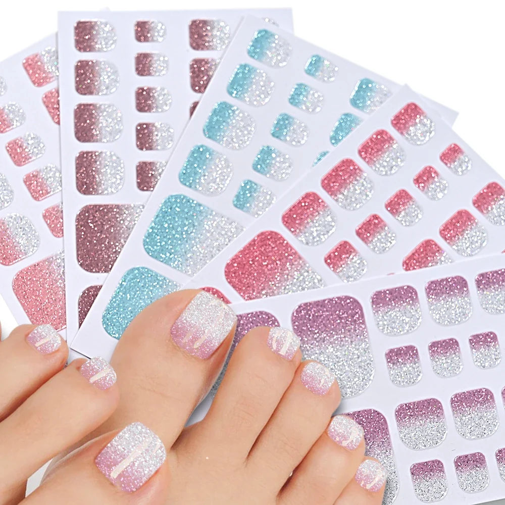 1pcs 22tips Gradient Glitter Full Toe Nail Wraps 3D Shiny Omber Pink/Purple/blue Toe Nail Polish Stickers Baking Free Toe Strips