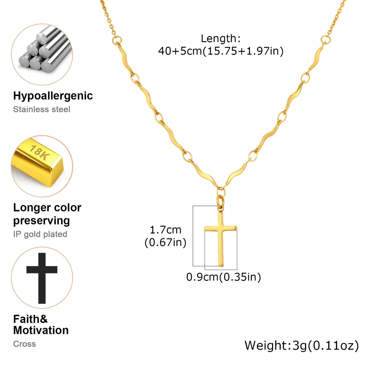 Stainless Steel Cross Pendant Necklace Non-fading Gold Plated Wave Chain Charm Necklace Jewelry