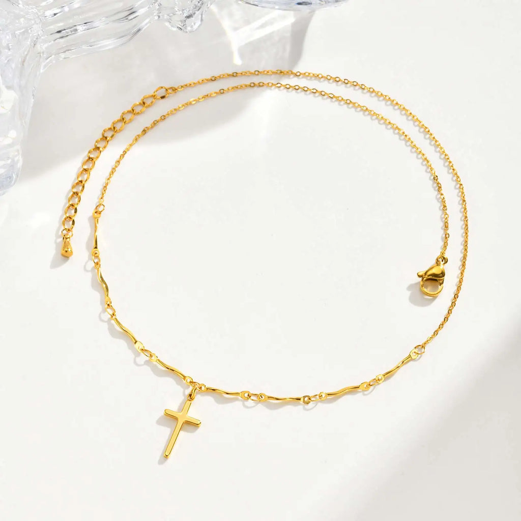 Stainless Steel Cross Pendant Necklace Non-fading Gold Plated Wave Chain Charm Necklace Jewelry