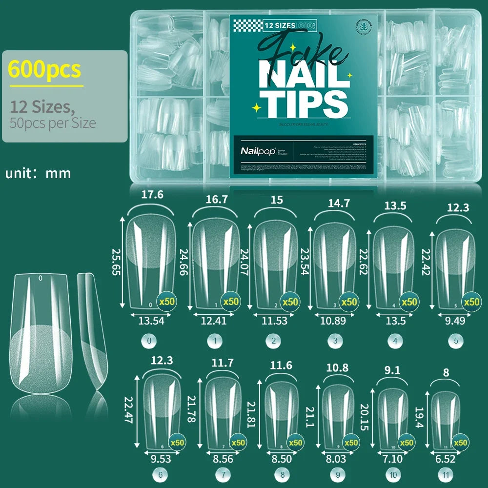 Nailpop False Nails 10/12 Sizes Full Cover Tips Clear Color Durable Lightweight Natural Look Manicure  Salon Quality DIY 600pcs