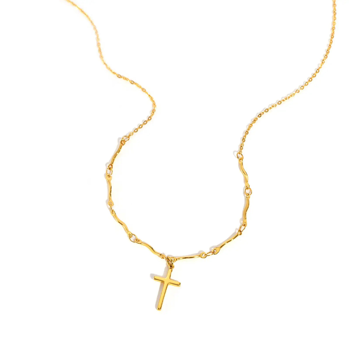 Stainless Steel Cross Pendant Necklace Non-fading Gold Plated Wave Chain Charm Necklace Jewelry