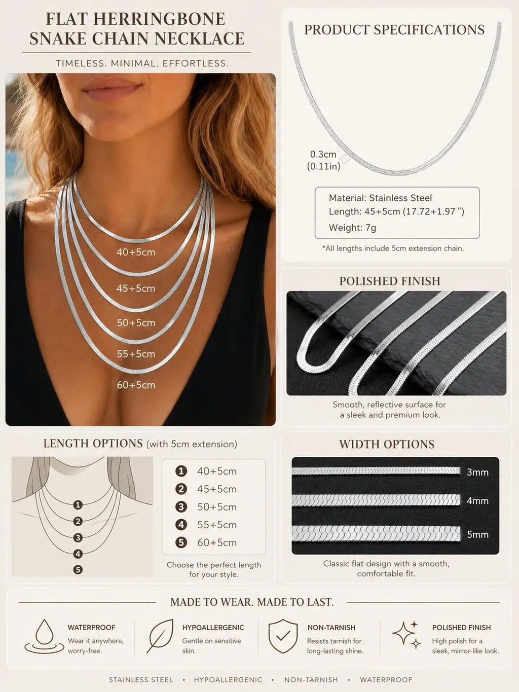 Stainless Steel Snake Chain Necklace 40-60cm Silver
