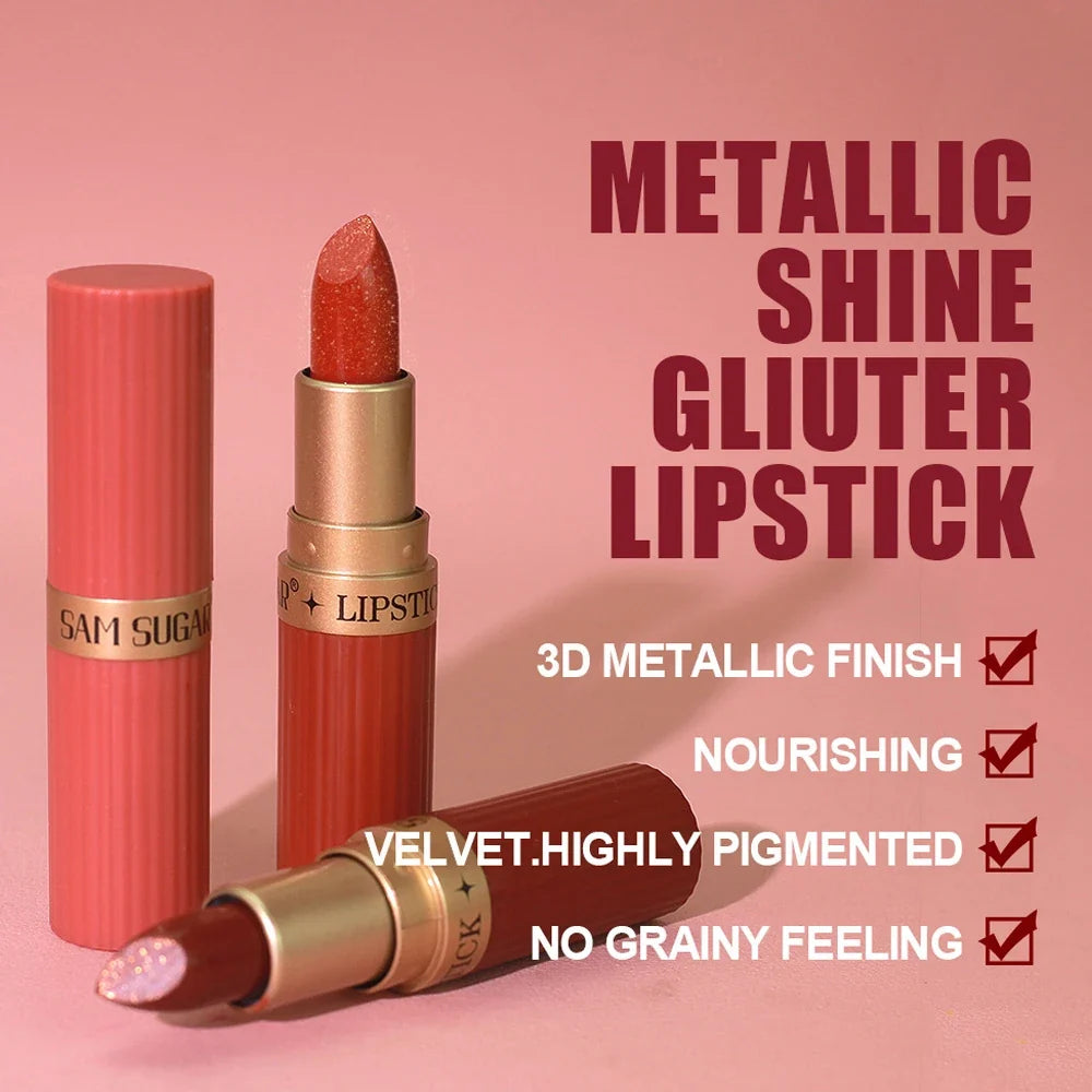 Chocolate Brown Luxurious Metallic Glitter Lipstick Long-Lasting Waterproof Non-Fade Shimmery Pearl Sparkling Lip Gloss Makeup