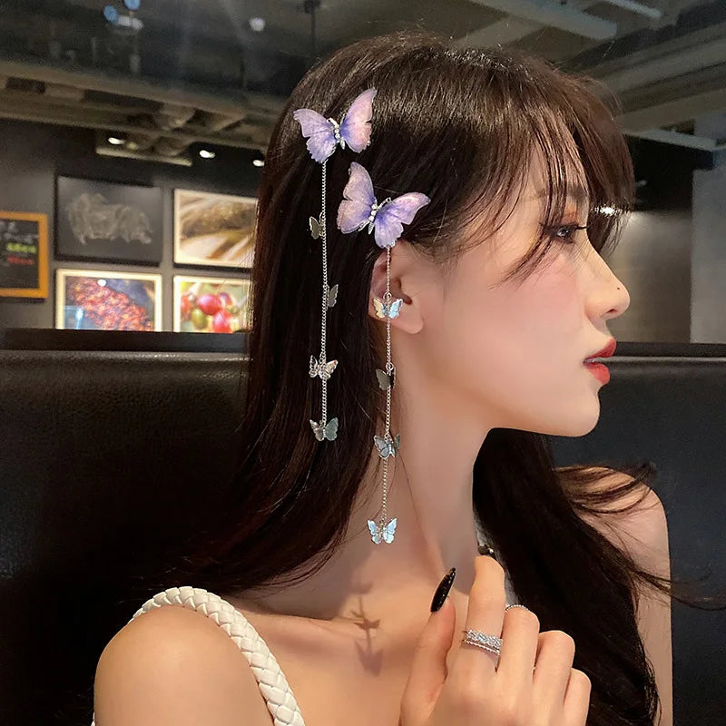 Butterfly Hairpins Korean Metal Tassel Long Hair Clips for Girl Vintage Side