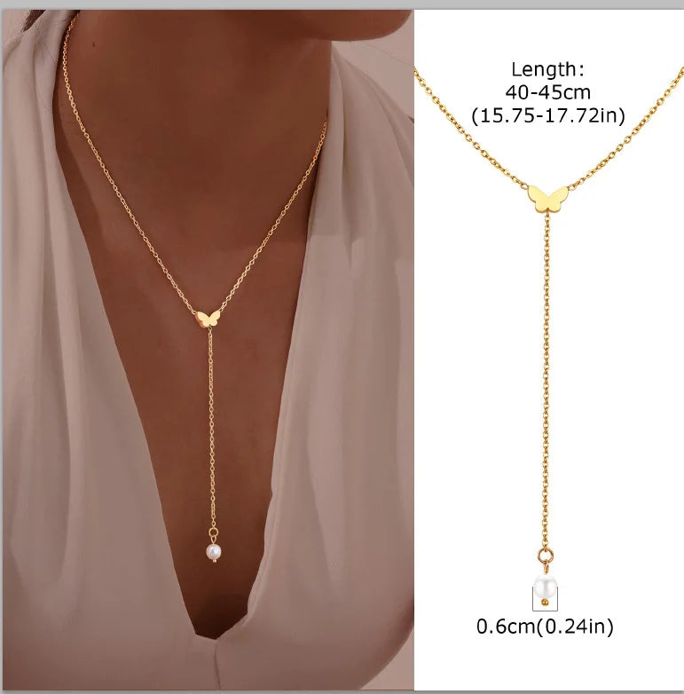 Stainless Steel Lariat Necklace Gold Plated Dainty Long Necklace Laryered Necklaces