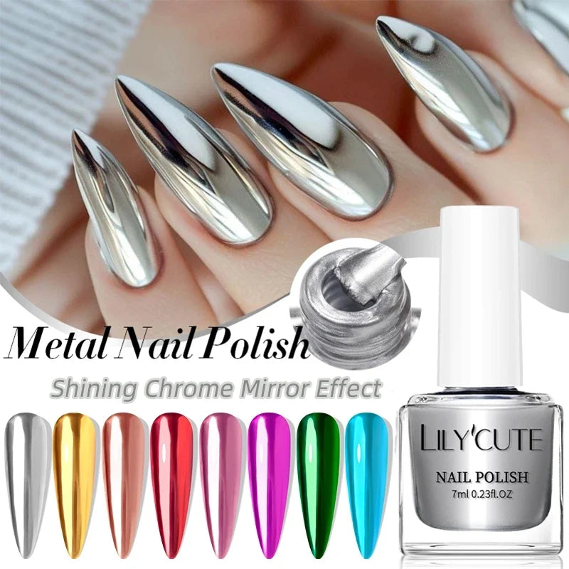 LILYCUTE 7ml Mirror Silver Metallic Nail Polish Super Bright Metal Effect Nail Art Varnish Fast Drying No Need Lamp For Manicure