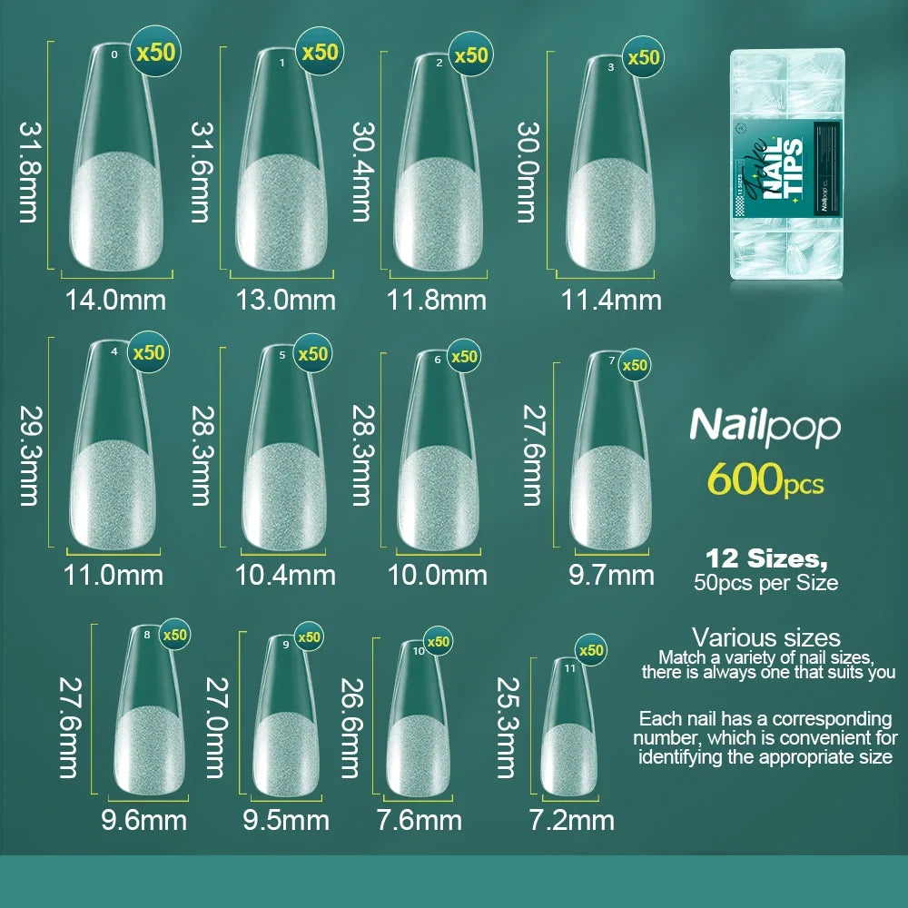 Nailpop False Nails 10/12 Sizes Full Cover Tips Clear Color Durable Lightweight Natural Look Manicure  Salon Quality DIY 600pcs