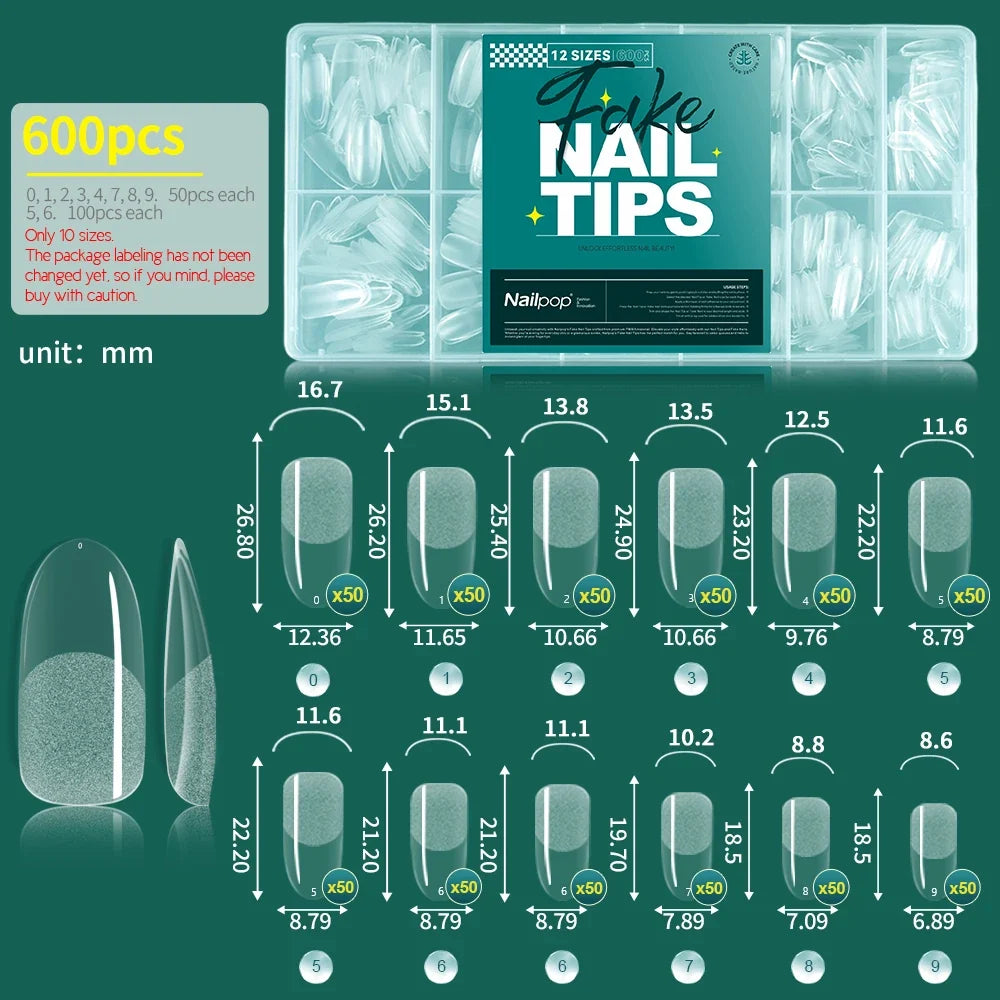 Nailpop False Nails 10/12 Sizes Full Cover Tips Clear Color Durable Lightweight Natural Look Manicure  Salon Quality DIY 600pcs