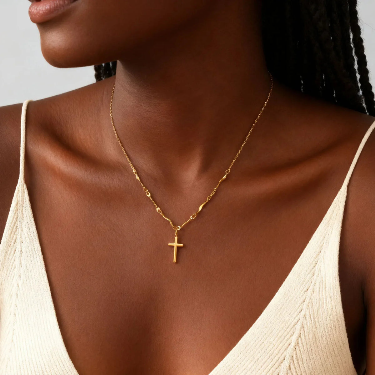 Stainless Steel Cross Pendant Necklace Non-fading Gold Plated Wave Chain Charm Necklace Jewelry