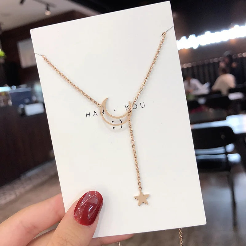 Moon Star Pendant Choker Necklace Simple Gold Color Alloy Charm Chain Collares Necklace