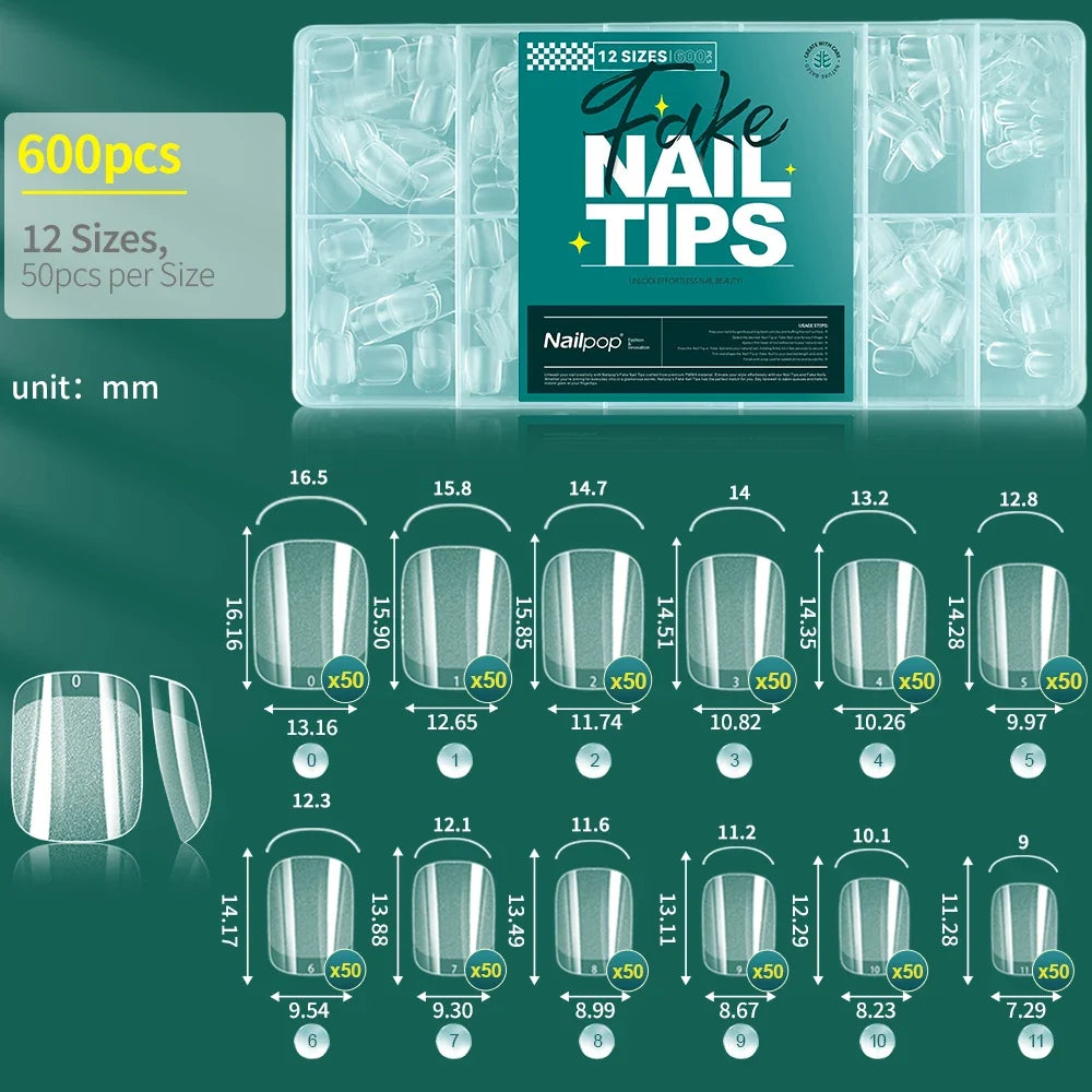 Nailpop False Nails 10/12 Sizes Full Cover Tips Clear Color Durable Lightweight Natural Look Manicure  Salon Quality DIY 600pcs