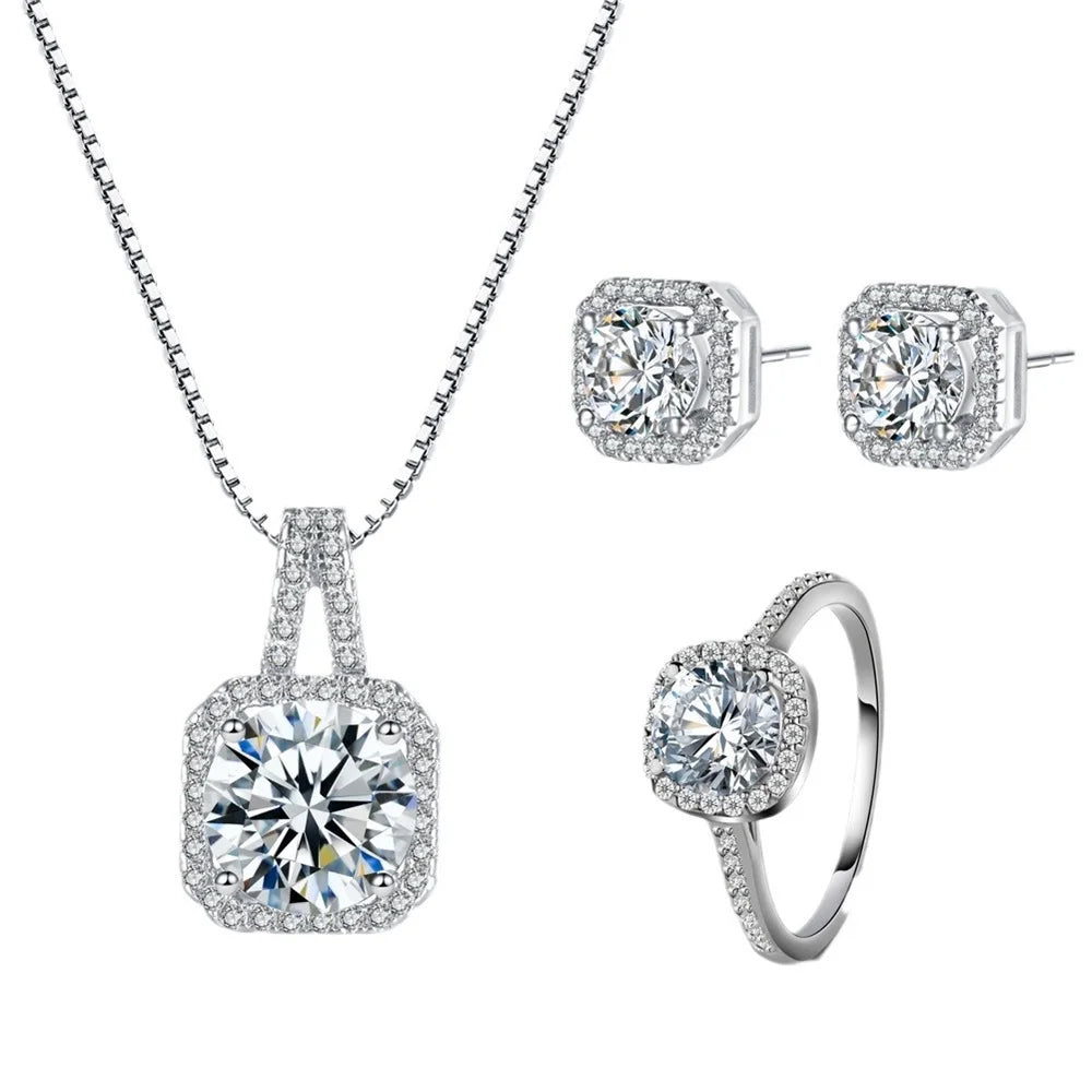 Ring Stone Jewelry Set Silver Color Classic Women Evening Party Wedding Bridal Jewelry Set