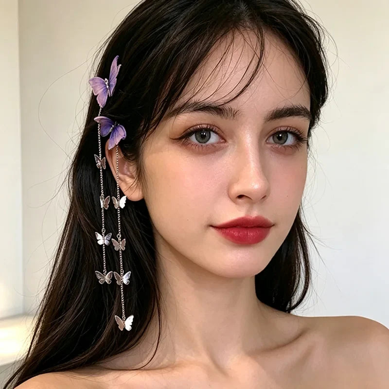 Butterfly Hairpins Korean Metal Tassel Long Hair Clips for Girl Vintage Side