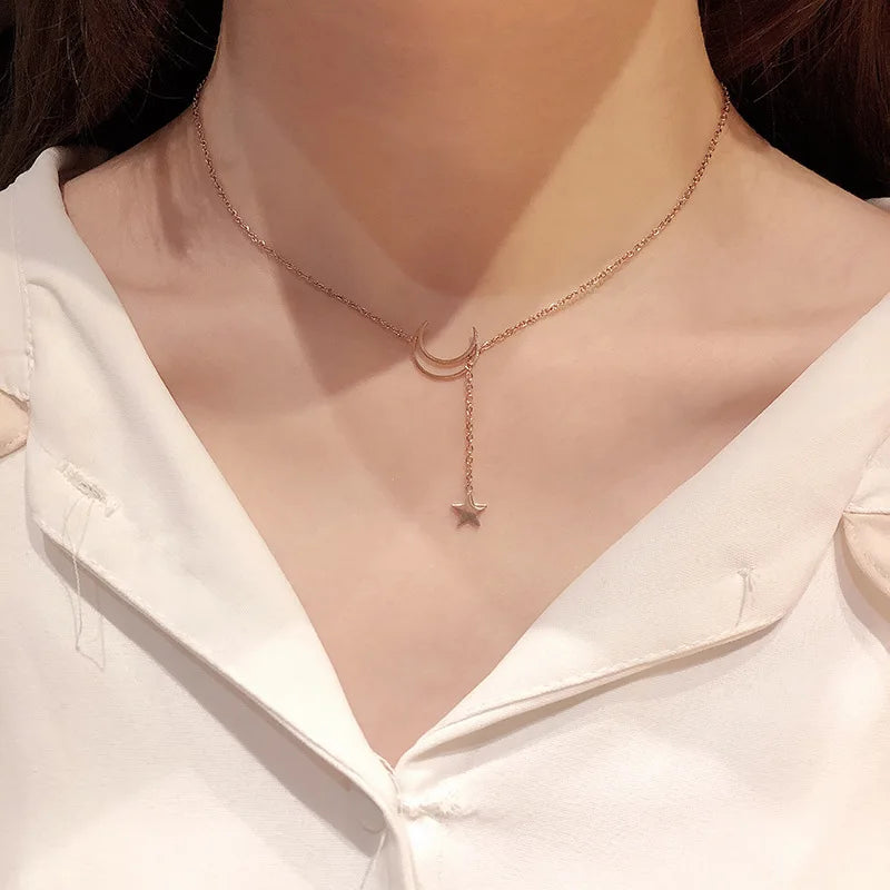 Moon Star Pendant Choker Necklace Simple Gold Color Alloy Charm Chain Collares Necklace