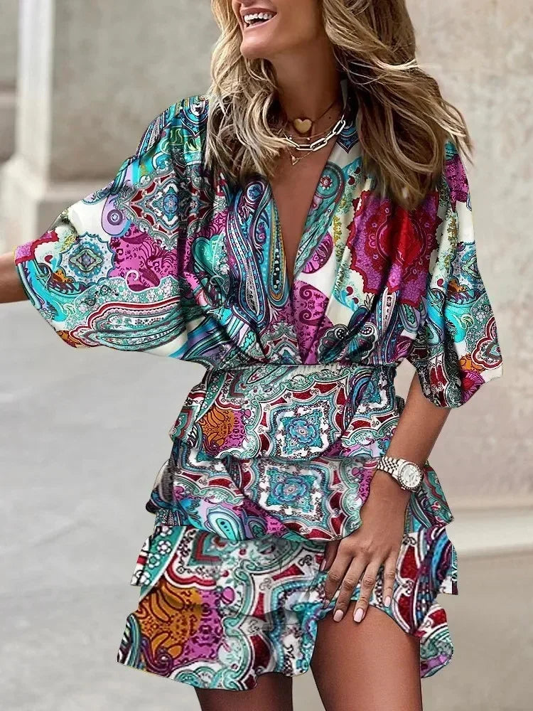 Women Fall V-Neck Loose Batwing Hafl Sleeve Print Dress Fashion Elegant Lace-up Ruffle Beach Mini Dresses Casual Streetwear 2024