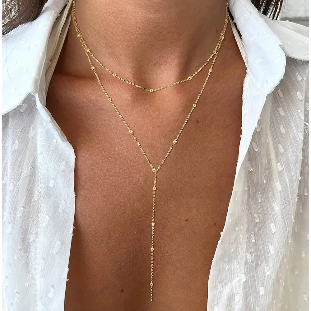 Stainless Steel Lariat Necklace Gold Plated Dainty Long Necklace Laryered Necklaces