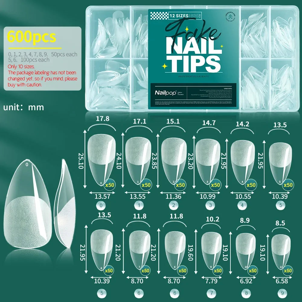 Nailpop False Nails 10/12 Sizes Full Cover Tips Clear Color Durable Lightweight Natural Look Manicure  Salon Quality DIY 600pcs