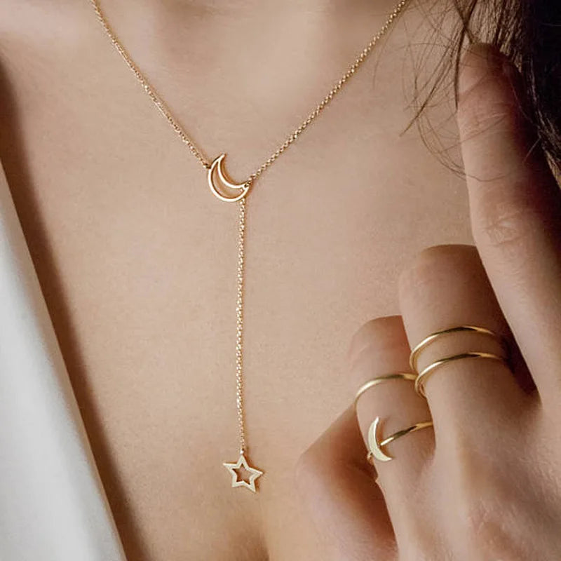 Moon Star Pendant Choker Necklace Simple Gold Color Alloy Charm Chain Collares Necklace