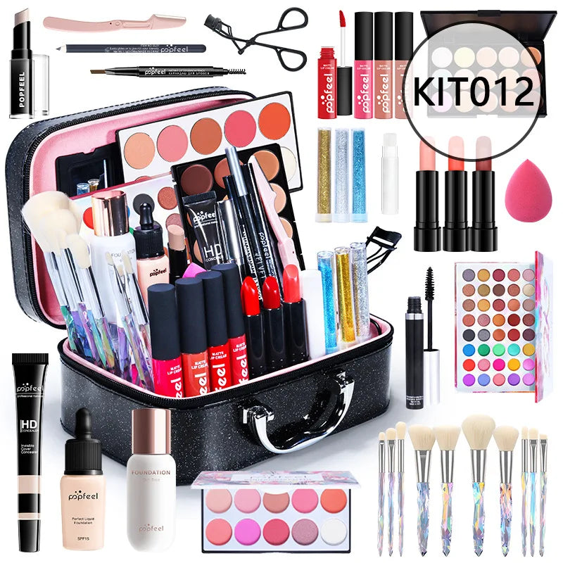All in One Makeup Kit Gift Set with Eyeshadow Palette Foundation Lip Gloss Blush Brushes Eyeline Mixed Color Paste Long lasting