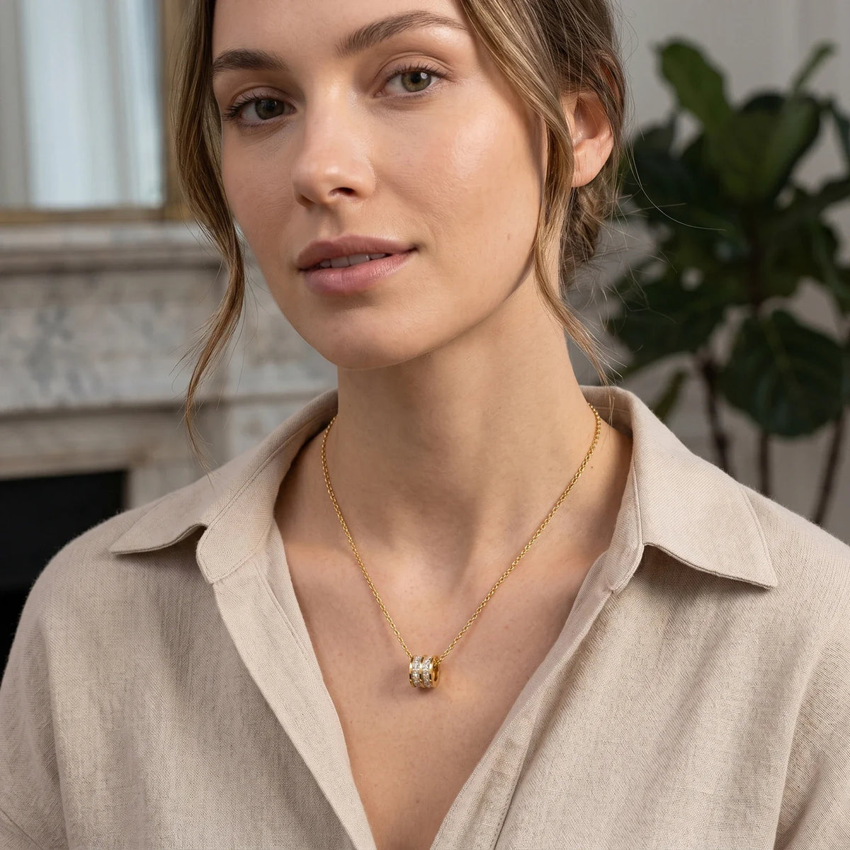 Double Row Pendant Necklace 18K Gold Plated Stainless Steel Waterproof Hypoallergenic Party Jewelry