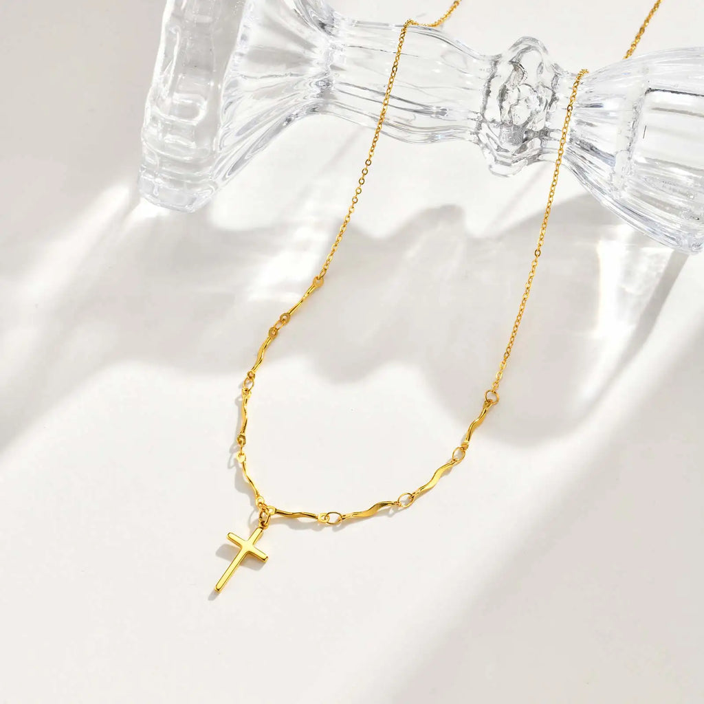 Stainless Steel Cross Pendant Necklace Non-fading Gold Plated Wave Chain Charm Necklace Jewelry