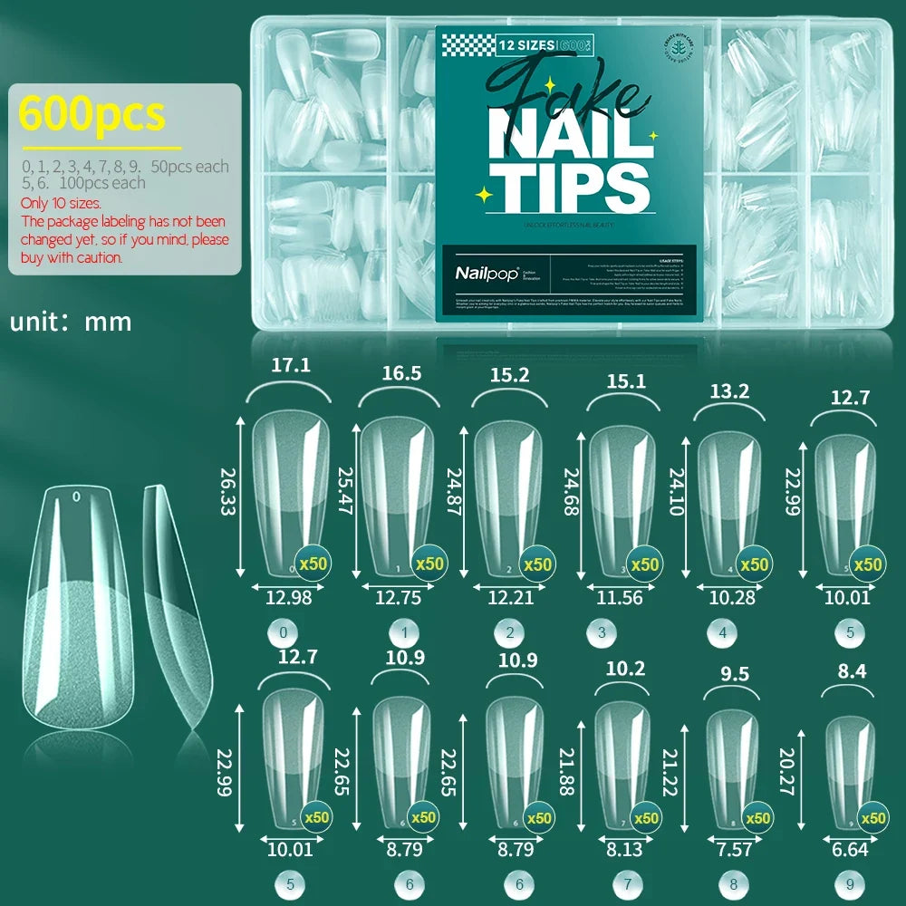 Nailpop False Nails 10/12 Sizes Full Cover Tips Clear Color Durable Lightweight Natural Look Manicure  Salon Quality DIY 600pcs