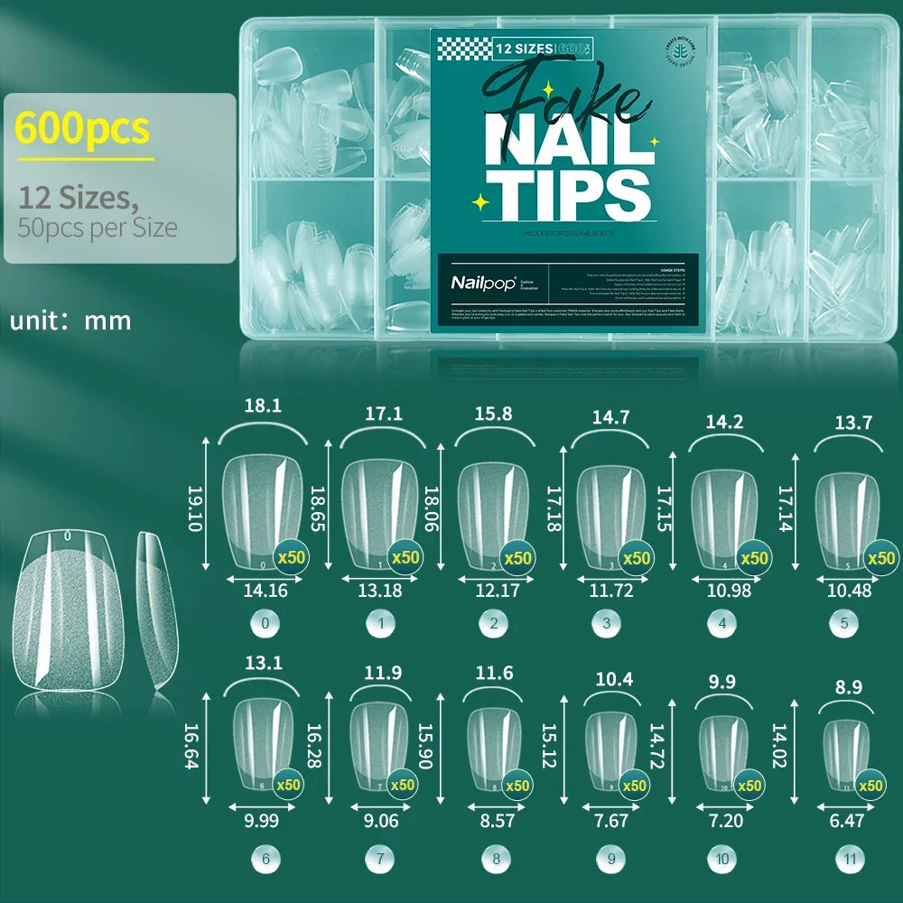Nailpop False Nails 10/12 Sizes Full Cover Tips Clear Color Durable Lightweight Natural Look Manicure  Salon Quality DIY 600pcs
